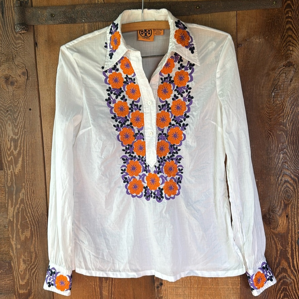 Tory Burch blouse beachy embroidered white purple orange rare